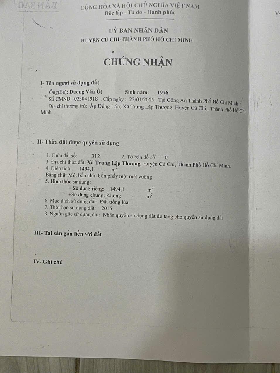 “ CẦN BÁN GẤP, ĐẤT CHÍNH CHỦ TẠI CỦ CHI, TPHCM1784332