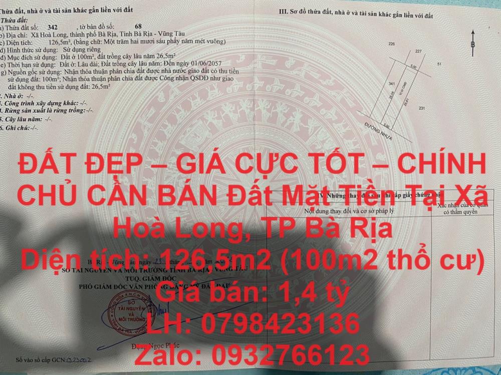 ĐẤT ĐẸP – GIÁ CỰC TỐT – CHÍNH CHỦ CẦN BÁN Đất Mặt Tiền Tại Xã Hoà Long, TP Bà Rịa1759674