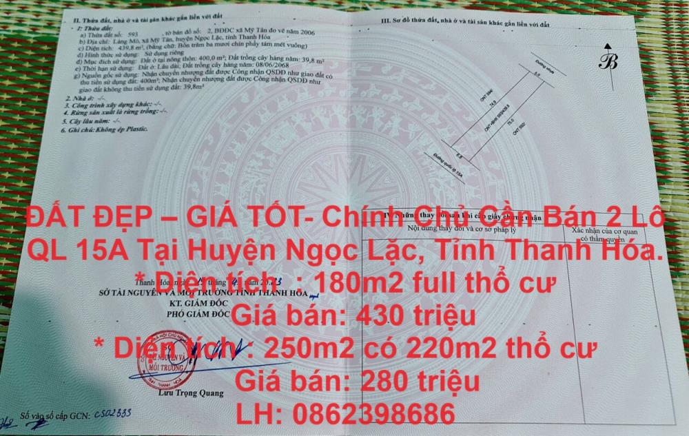 ĐẤT ĐẸP – GIÁ TỐT- Chính Chủ Cần Bán 2 Lô QL 15A Tại Ngọc Lặc, Thanh Hóa.1784817