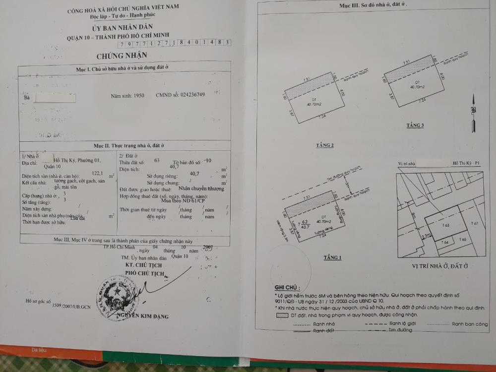 NHÀ CĂN GÓC - Chính Chủ CẦN BÁN Căn Nhà Tại đường Hồ Thị Kỷ,  Phường 1, Quận 10, HCM1745038