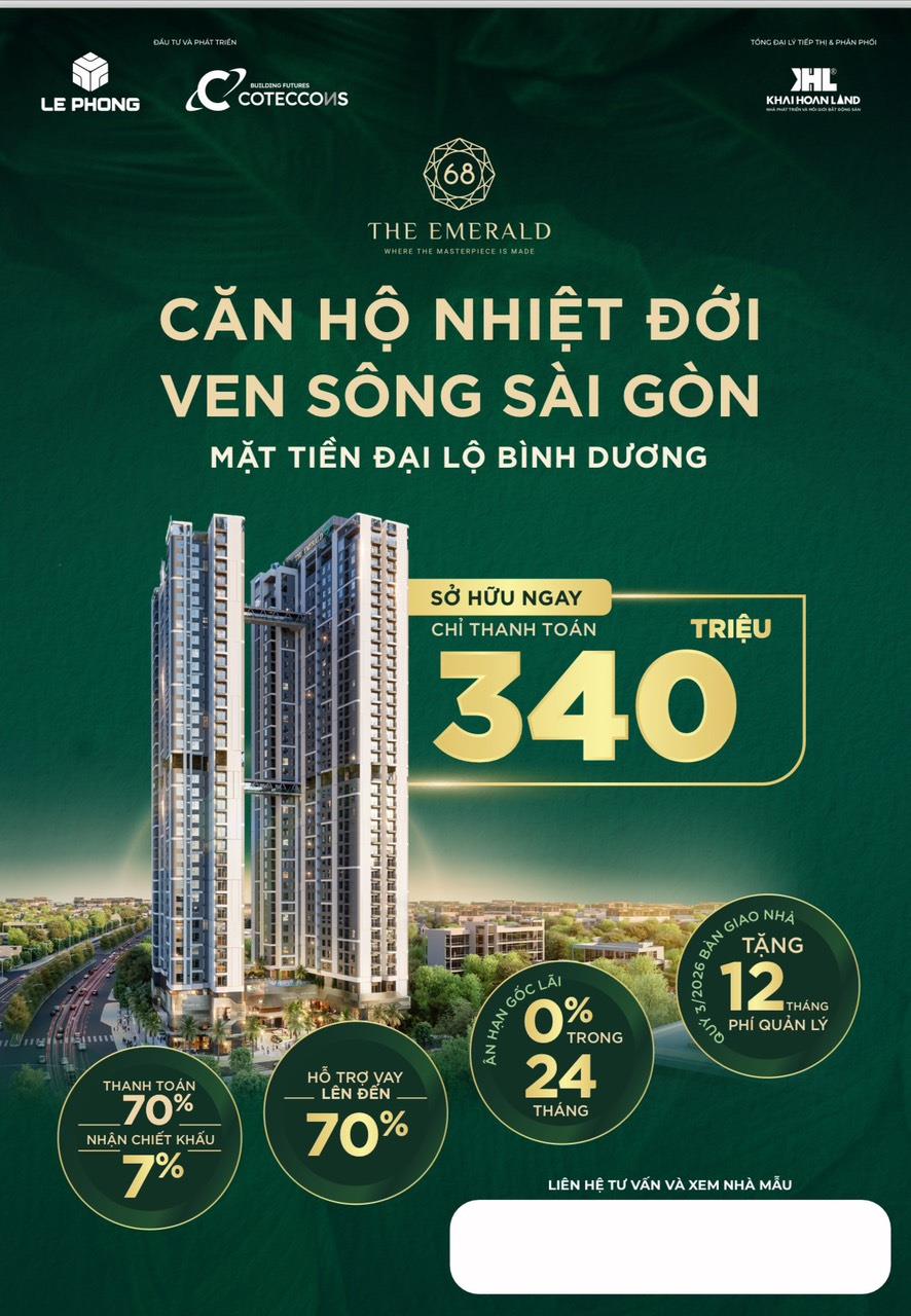 Dự án Căn hộ The Emerald 68 đẳng cấp 5 sao do nhà thầu số 1 Việt Nam xây dựng. Cách tp HCM 1km đang mở bán giai đoạn 1, chỉ 340tr sở hữu1531529