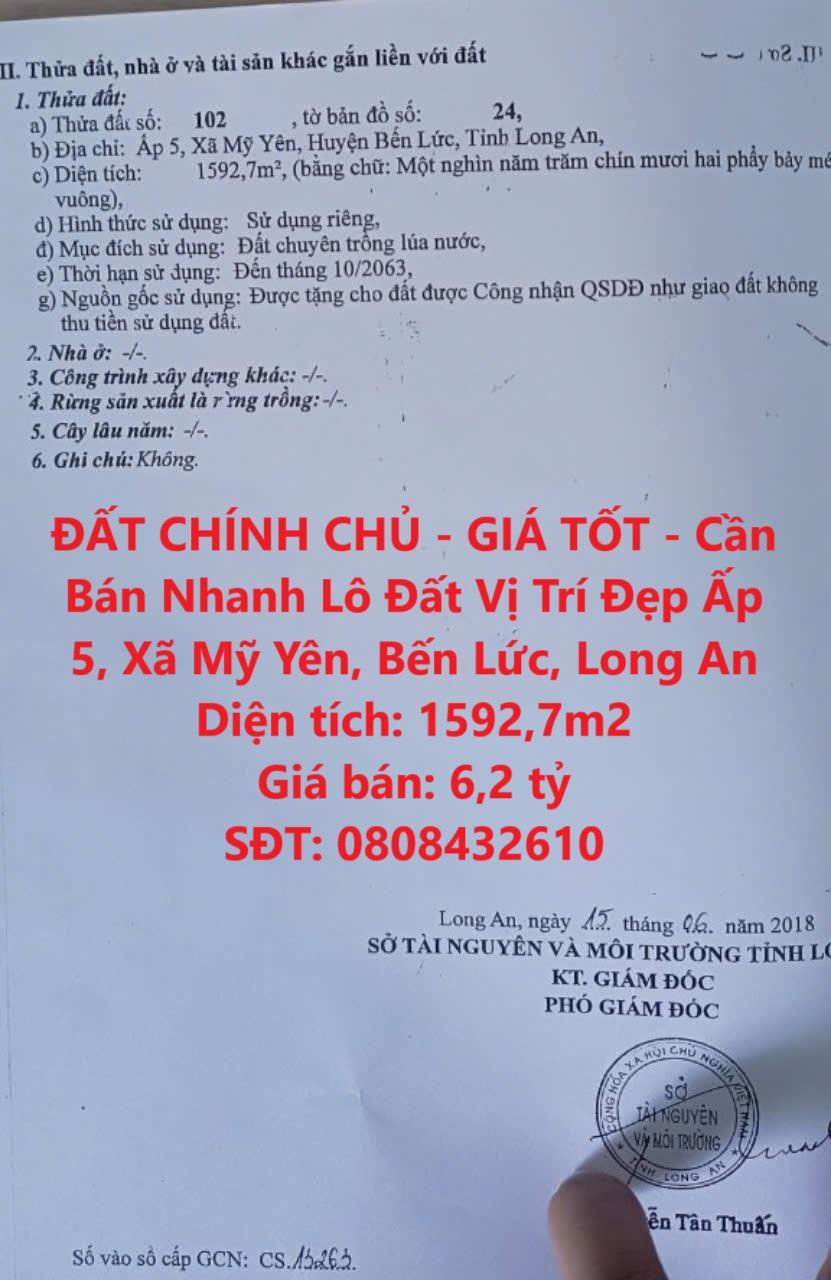 ĐẤT CHÍNH CHỦ - GIÁ TỐT - Cần Bán Nhanh Lô Đất Vị Trí Đẹp Ấp 5, Xã Mỹ Yên, Bến Lức, Long An2022372