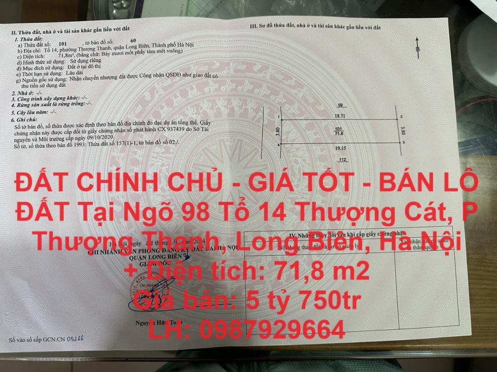 ĐẤT CHÍNH CHỦ - GIÁ TỐT - BÁN LÔ ĐẤT Tại Ngõ 98 Tổ 14 Thượng Cát, P Thượng Thanh, Long Biên, Hà Nội1764029