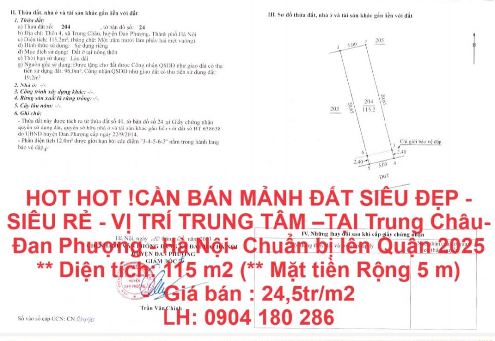 HOT HOT !CẦN BÁN MẢNH ĐẤT SIÊU ĐẸP - SIÊU RẺ - VỊ TRÍ TRUNG TÂM –TẠI Trung Châu- Đan Phượng- Hà Nội1735903