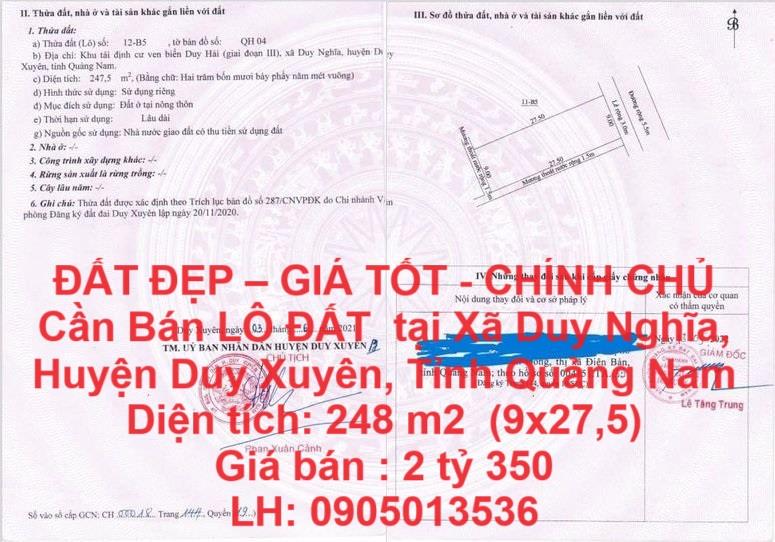 ĐẤT ĐẸP – GIÁ TỐT - CHÍNH CHỦ Cần Bán LÔ ĐẤT  tại Xã Duy Nghĩa, Huyện Duy Xuyên, Tỉnh Quảng Nam1852772