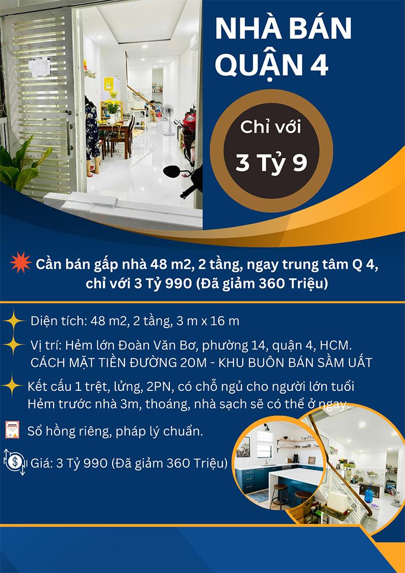 Cần bán gấp nhà 48 m2, 2 tầng, ngay trung tâm Q 4, chỉ với 3 Tỷ 990 (Đã giảm 360 Triệu)332078