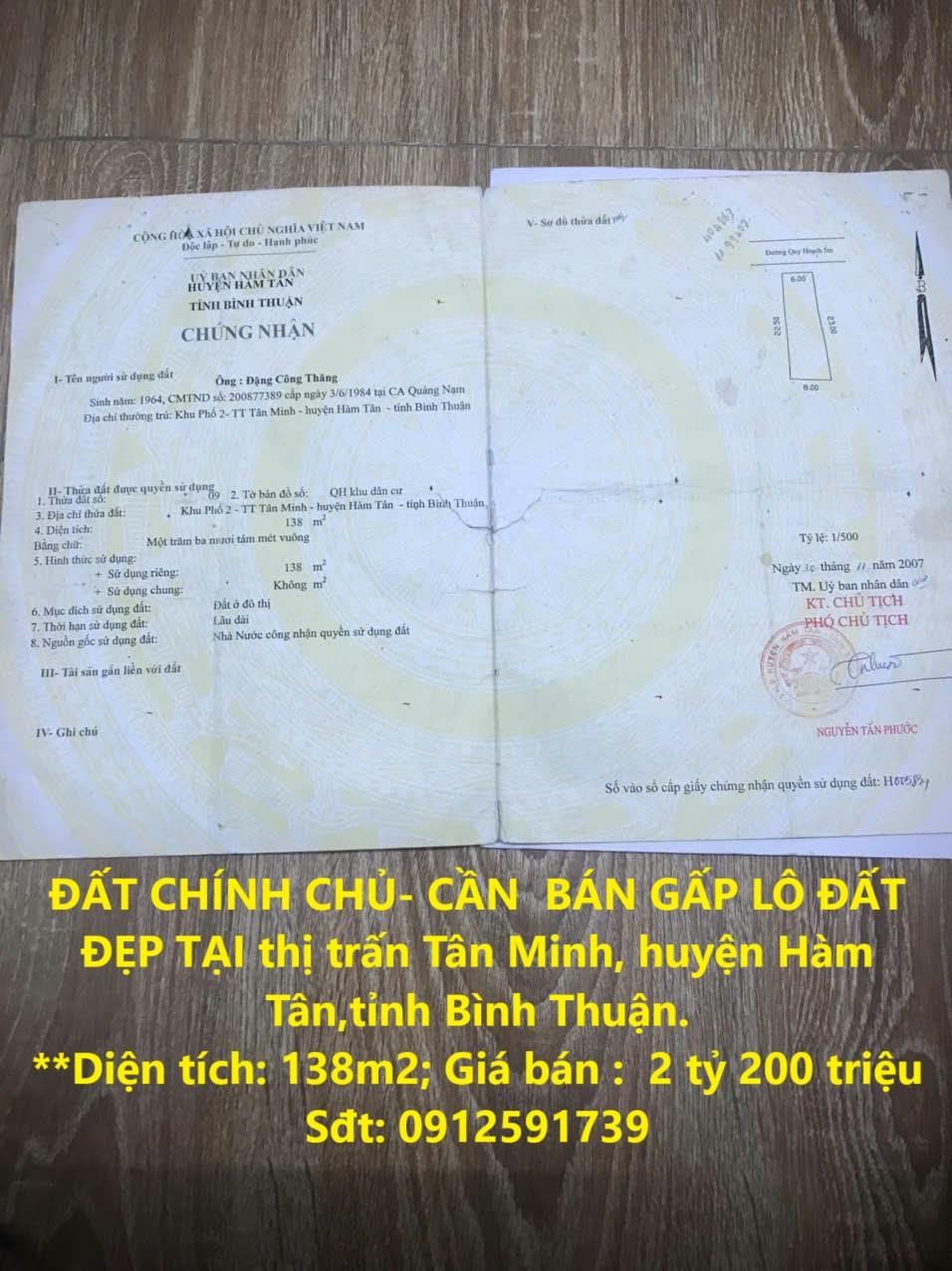 ĐẤT CHÍNH CHỦ- CẦN  BÁN GẤP LÔ ĐẤT ĐẸP TẠI thị trấn Tân Minh, huyện Hàm Tân,tỉnh Bình Thuận.2029437