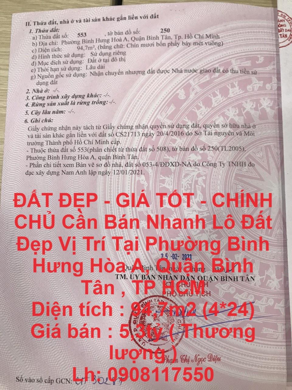 ĐẤT ĐẸP - GIÁ TỐT - CHÍNH CHỦ Cần Bán Nhanh Lô Đất Đẹp Vị Trí Tại Quận Bình Tân , TP HCM1828992