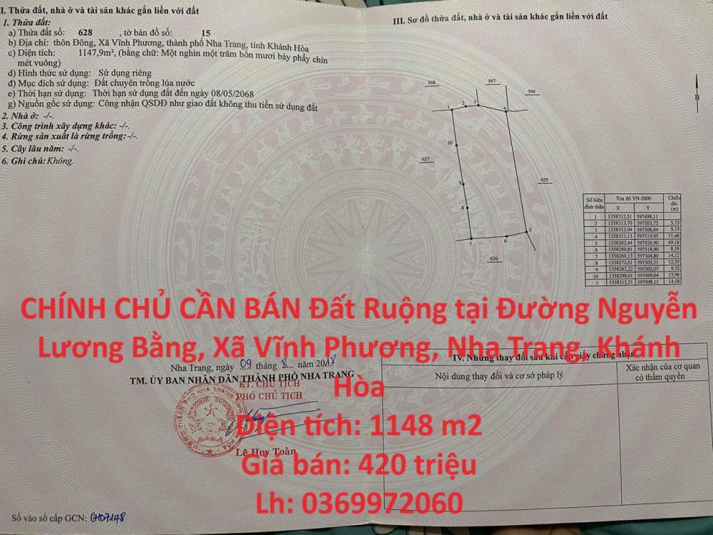 CHÍNH CHỦ CẦN BÁN Đất Ruộng tại Đường Nguyễn Lương Bằng, Xã Vĩnh Phương, Nha Trang, Khánh Hòa1248638