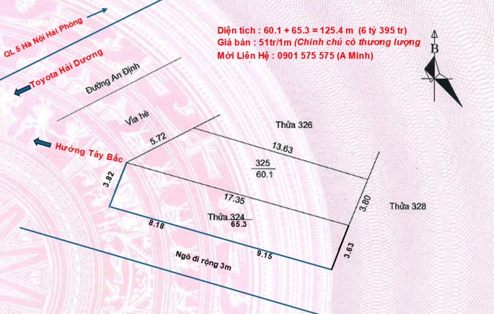 Chính chủ bán gấp Lô đất 2 mặt tiền DT: 125.4m, MT: 8.5m mặt đường An Định-P.Cẩm Thượng-Hải Dương1428273