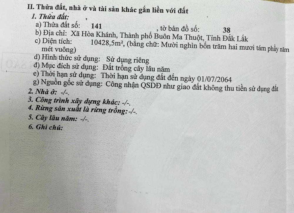 CHÍNH CHỦ Cần Bán Gấp 1Ha Đất Nông Nghiệp Tại Xã Hòa Khánh, TP. Buôn Ma Thuột, Đắk Lắk2020863