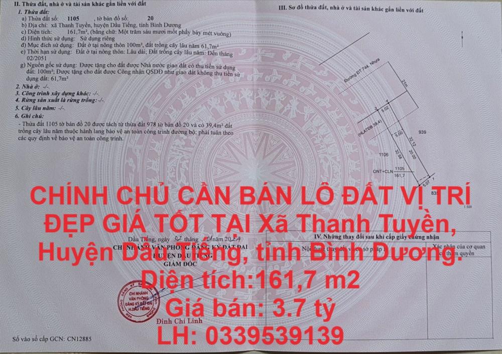 CHÍNH CHỦ CẦN BÁN LÔ ĐẤT VỊ TRÍ ĐẸP GIÁ TỐT TẠI Dầu Tiếng, Bình Dương .LH 03395391391829582