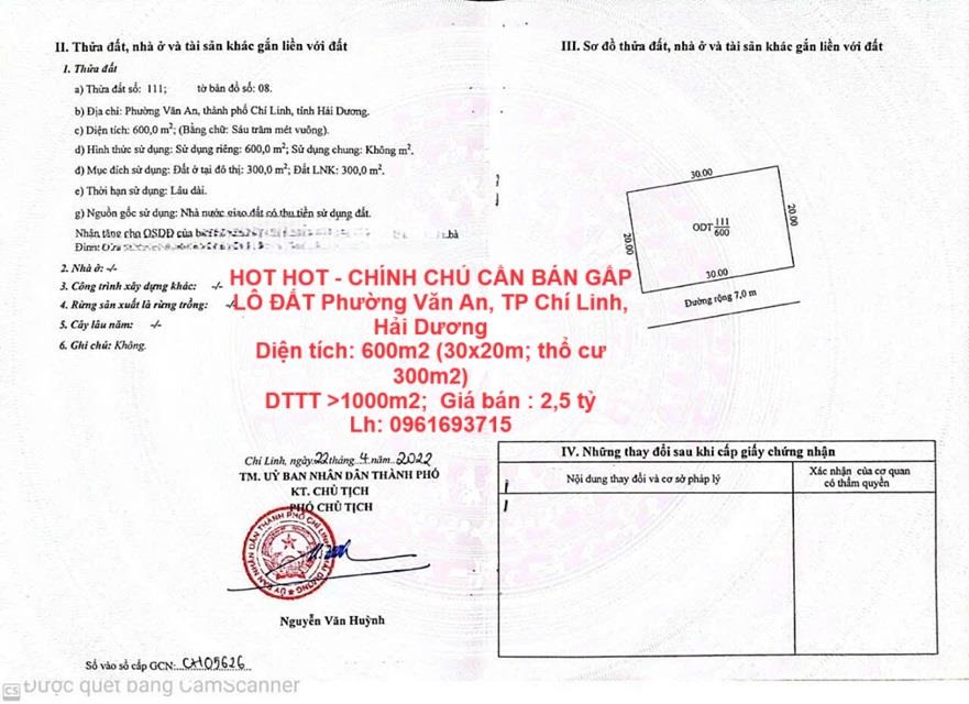 HOT HOT - CHÍNH CHỦ CẦN BÁN GẤP LÔ ĐẤT Phường Văn An, TP Chí Linh, Hải Dương2004181