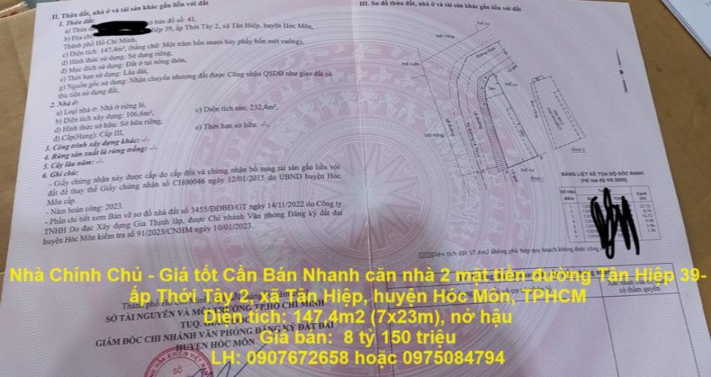 Nhà Chính Chủ - Giá tốt Cần Bán Nhanh căn nhà 2 mặt tiền đường Tân Hiệp 39- 40 huyện Hóc Môn, TPHCM1908332